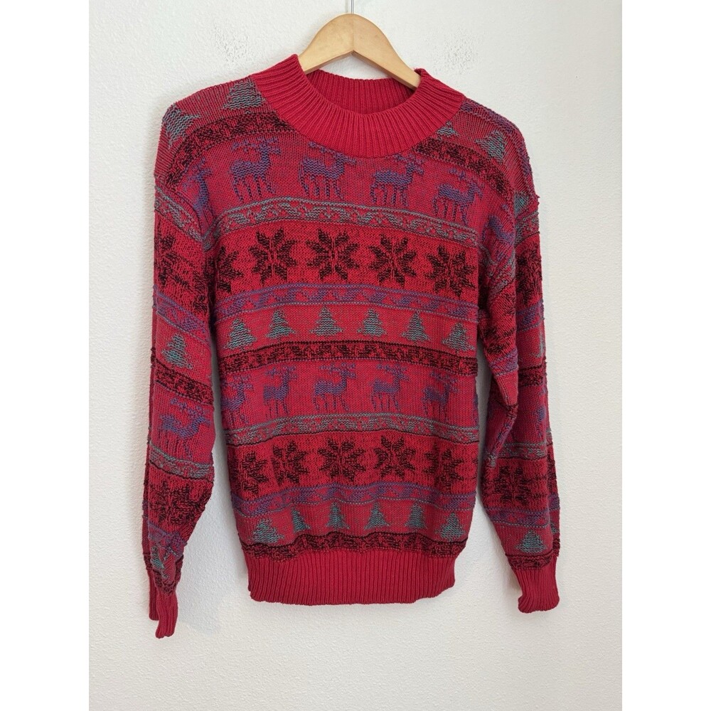 Alps Finest Quality Apparel Sweater Womens M Red Holiday Reindeer Tree Vintage